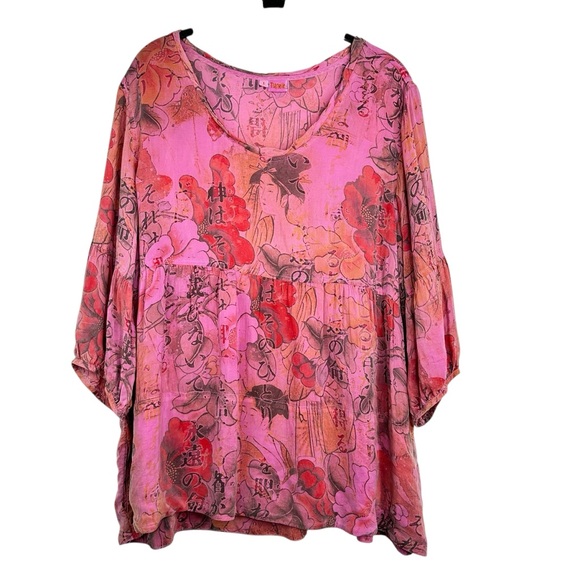 Tianello Vintage Geisha Print Rayon Tunic Top Blouse Pockets Women’s Size Large - Picture 1 of 5